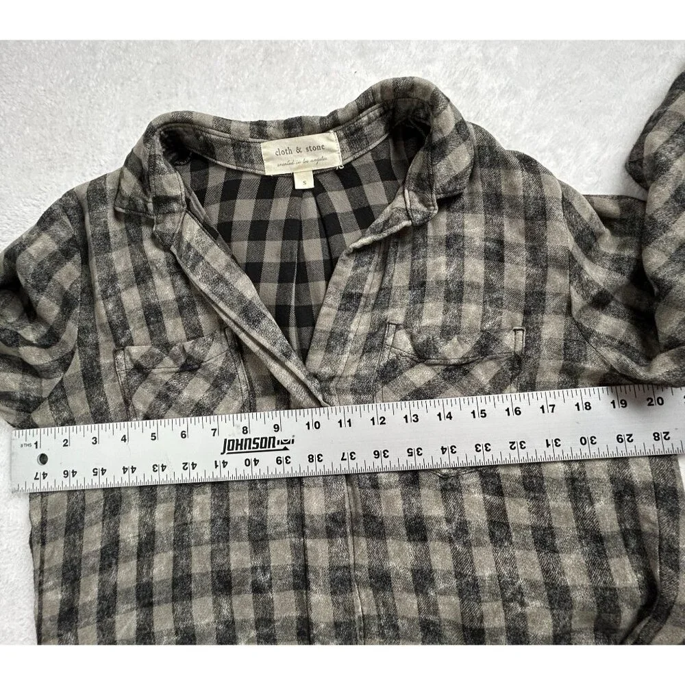 Cloth & Stone Womens Gray Black Checkered Fringe Trim Button Down Shirt Small - Picture 7 of 8